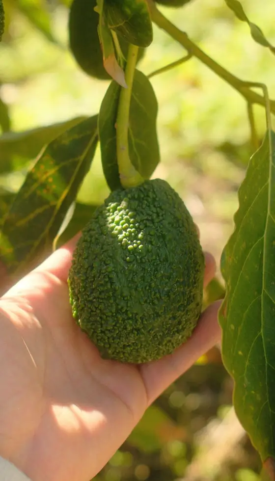 Mano que sostiene un aguacate de piel verde y granulada todavía colgado de su rama, entre hojas iluminadas por el sol